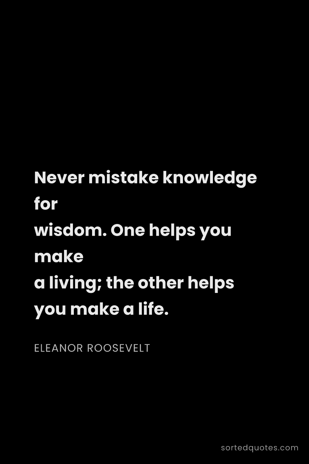 Quote by Eleanor Roosevelt: "Never mistake knowledge for wisdom. One helps you ..."