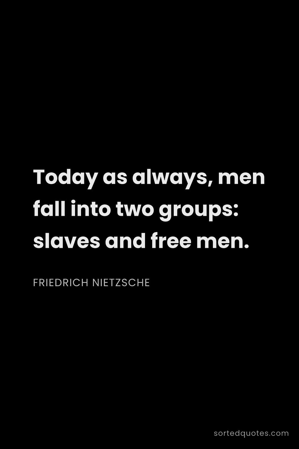 Quote by Friedrich Nietzsche: "Today as always, men fall into two groups: slaves ..."
