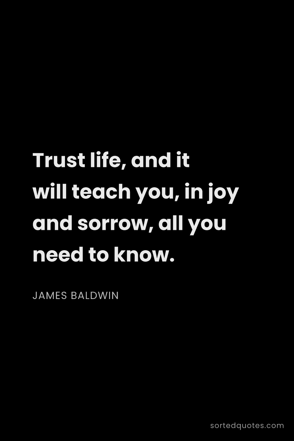 Quote by James Baldwin: "Trust life, and it will teach you, in joy and sorr..."